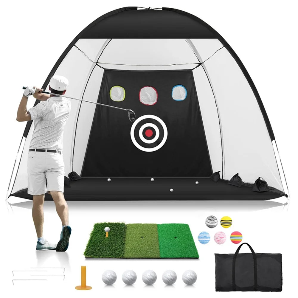 Golf Net, 9.8X7.8Ft Golf Practice Net with Golf Mat, All in 1 Home Golf Hitting Aid Nets for Backyard Driving Chipping Swing Training