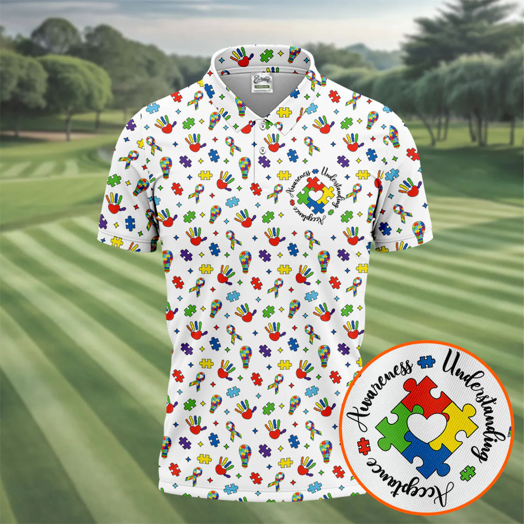 Awareness Understanding Acceptance Autism White Golf Shirt, Autism Awareness Colors Golf Shirts for Men