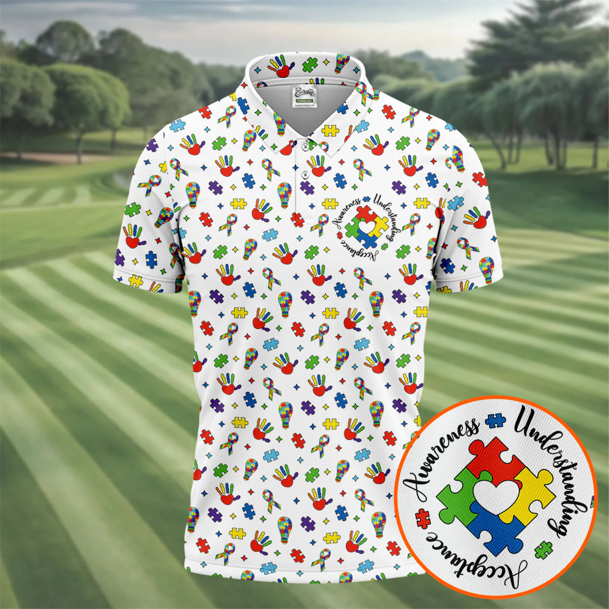 Awareness Understanding Acceptance Autism White Golf Shirt, Autism Awareness Colors Golf Shirts for Men
