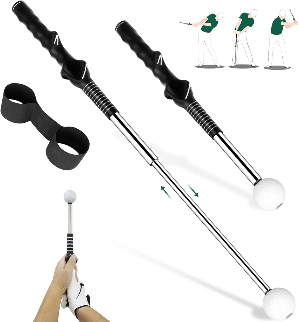 Retractable Golf Swing Trainer with Golf Swing Band-Telescopic Club Retractable Golf Swing Training Aid with Golf Grip Trainer/Tempo Stick Golf/Warm Up/Indoor Golf Practice