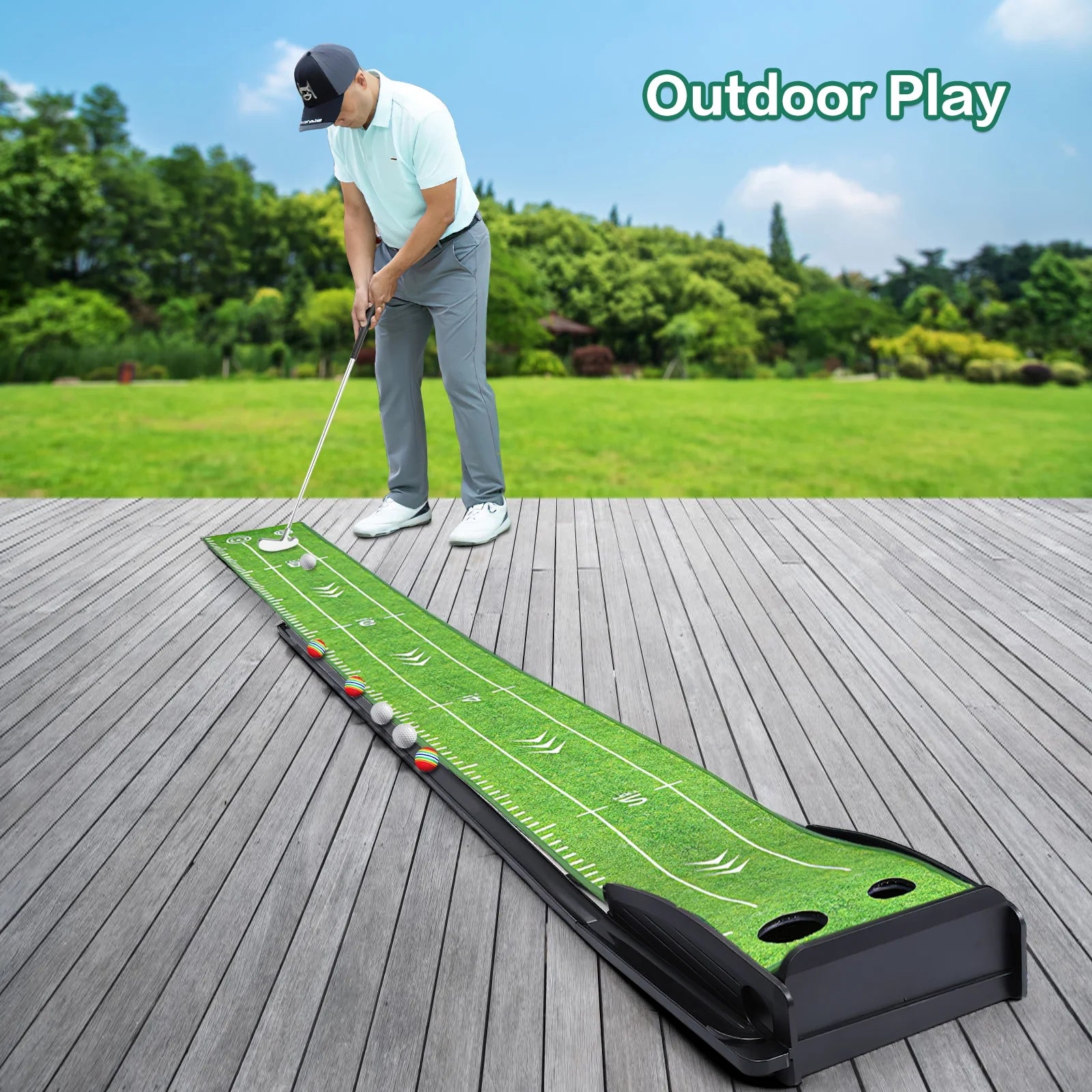 Golf Putting Green Mat, 9Ft Golf Putting Practice Mat with Putter and 6 Golf Balls, Indoor Putting Green with Auto Ball Return for Home Office Backyard Indoor Outdoor Use