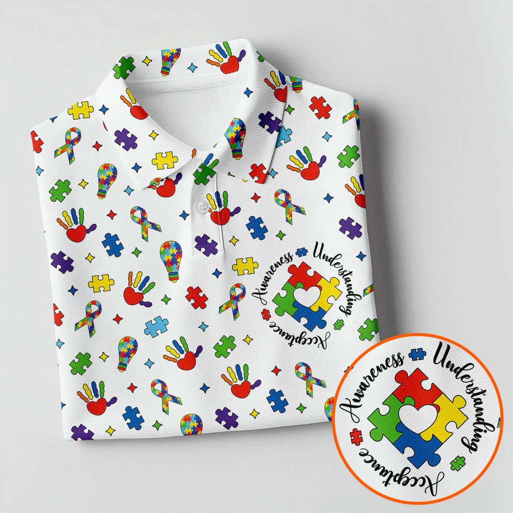 Awareness Understanding Acceptance Autism White Golf Shirt, Autism Awareness Colors Golf Shirts for Men