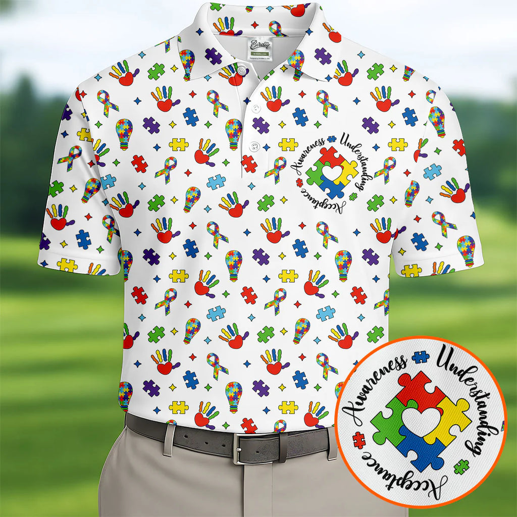 Awareness Understanding Acceptance Autism White Golf Shirt, Autism Awareness Colors Golf Shirts for Men