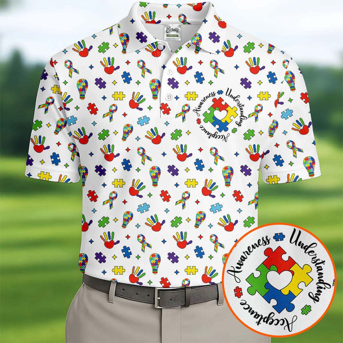 Awareness Understanding Acceptance Autism White Golf Shirt, Autism Awareness Colors Golf Shirts for Men