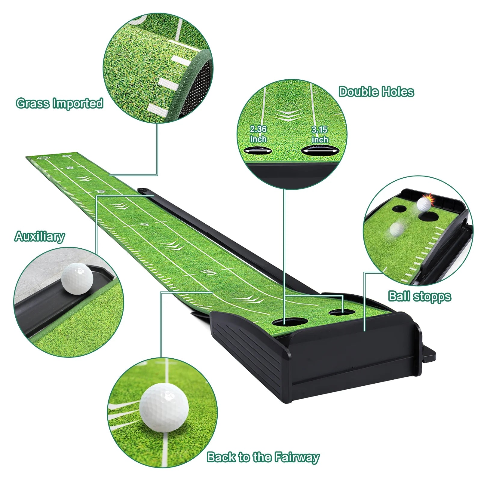 Golf Putting Green Mat, 9Ft Golf Putting Practice Mat with Putter and 6 Golf Balls, Indoor Putting Green with Auto Ball Return for Home Office Backyard Indoor Outdoor Use