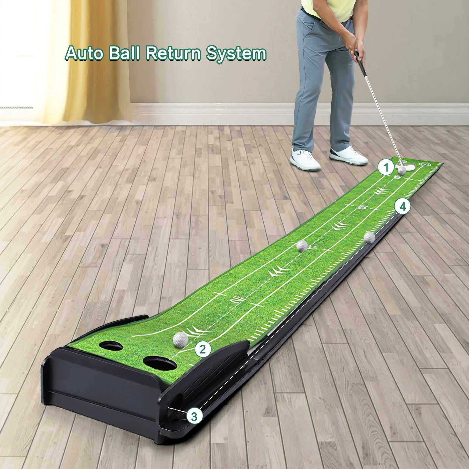 Golf Putting Green Mat, 9Ft Golf Putting Practice Mat with Putter and 6 Golf Balls, Indoor Putting Green with Auto Ball Return for Home Office Backyard Indoor Outdoor Use