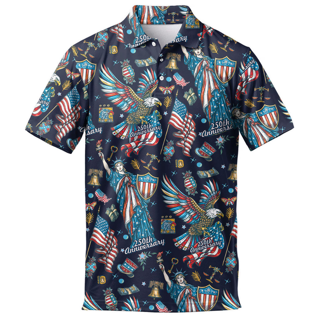 Patriotic USA Golf Polo Shirt, Men'S 250Th Anniversary Statue of Liberty Print