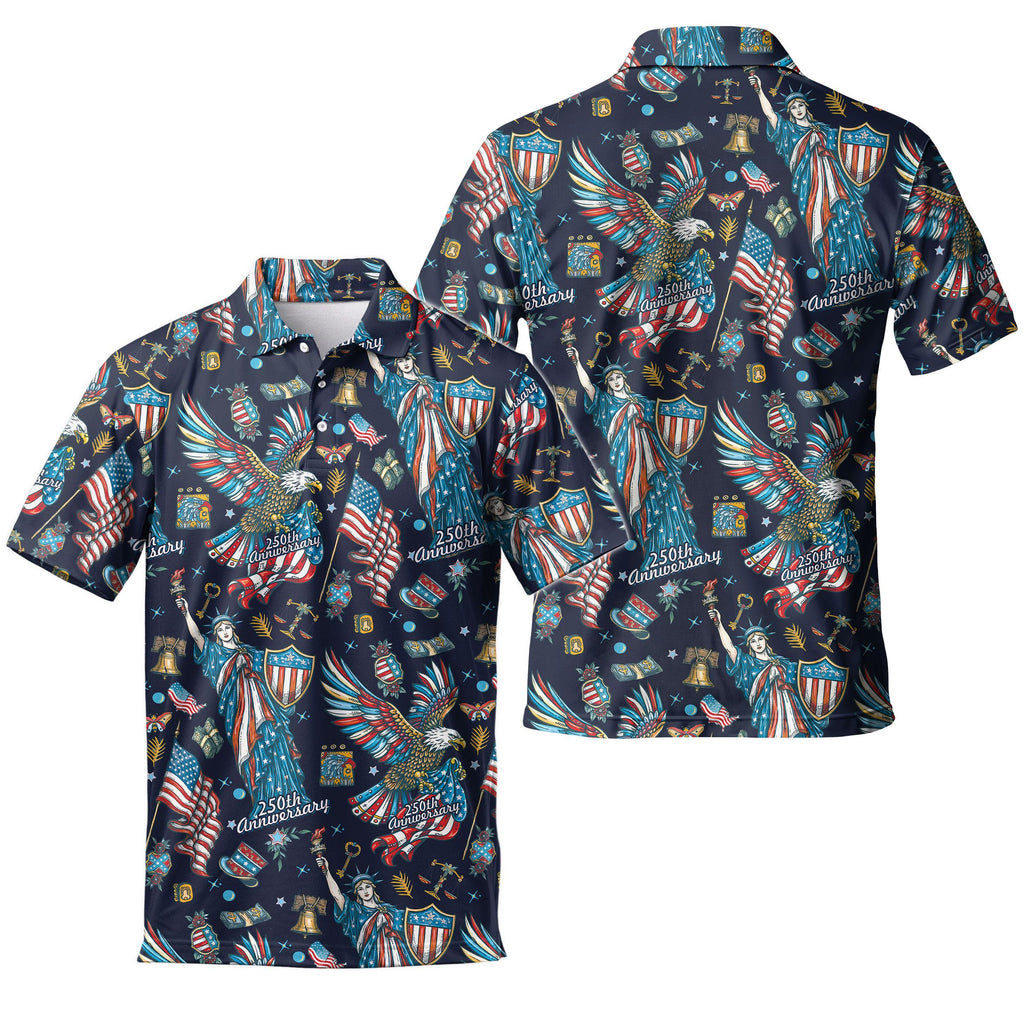 Patriotic USA Golf Polo Shirt, Men'S 250Th Anniversary Statue of Liberty Print