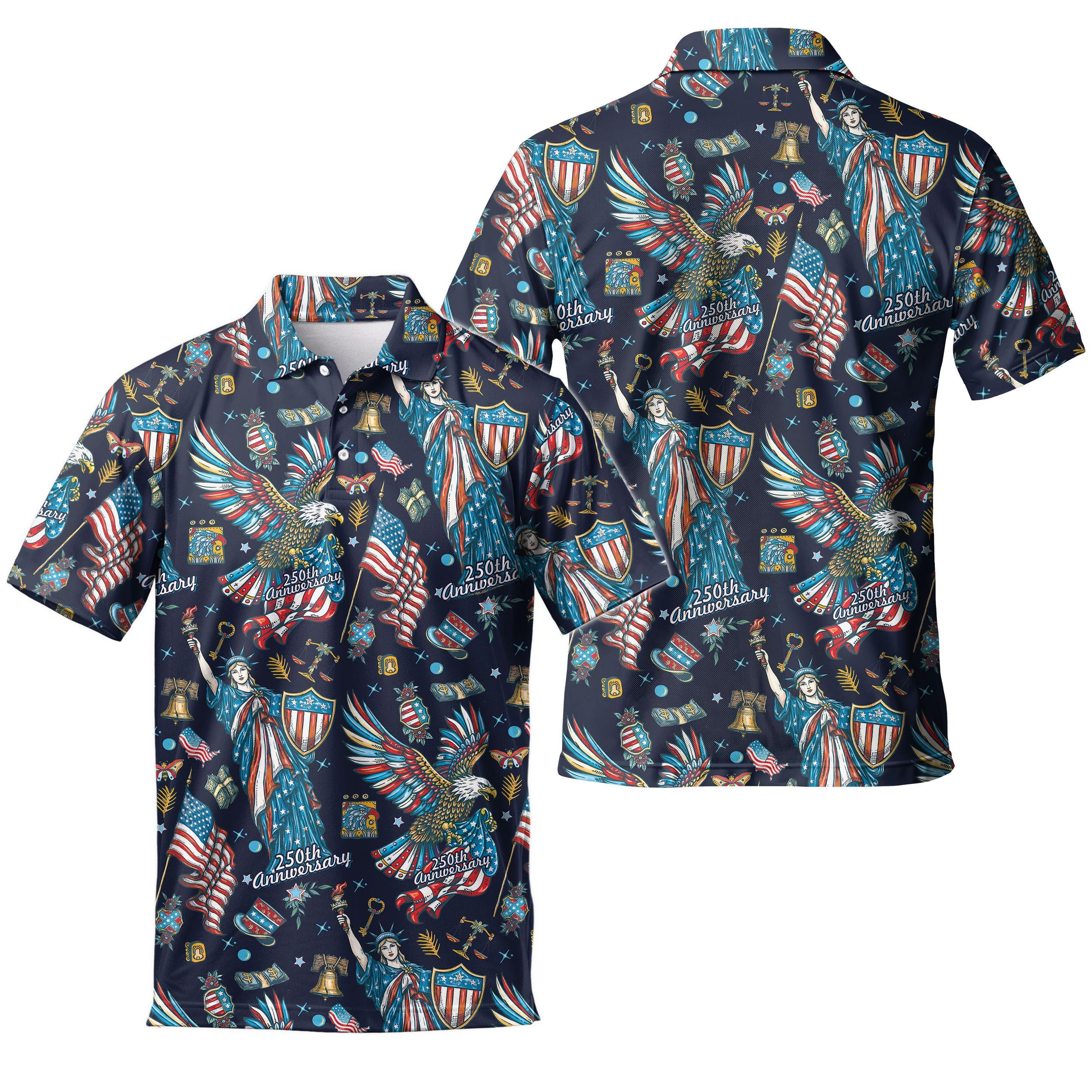 Patriotic USA Golf Polo Shirt, Men'S 250Th Anniversary Statue of Liberty Print