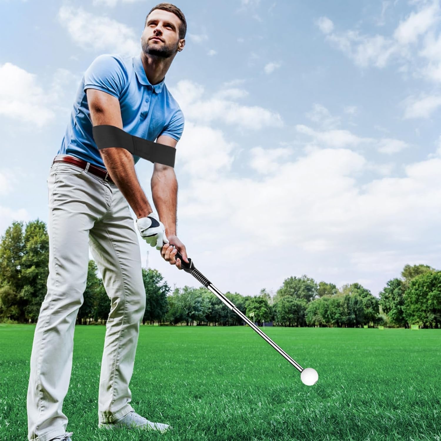 Retractable Golf Swing Trainer with Golf Swing Band-Telescopic Club Retractable Golf Swing Training Aid with Golf Grip Trainer/Tempo Stick Golf/Warm Up/Indoor Golf Practice