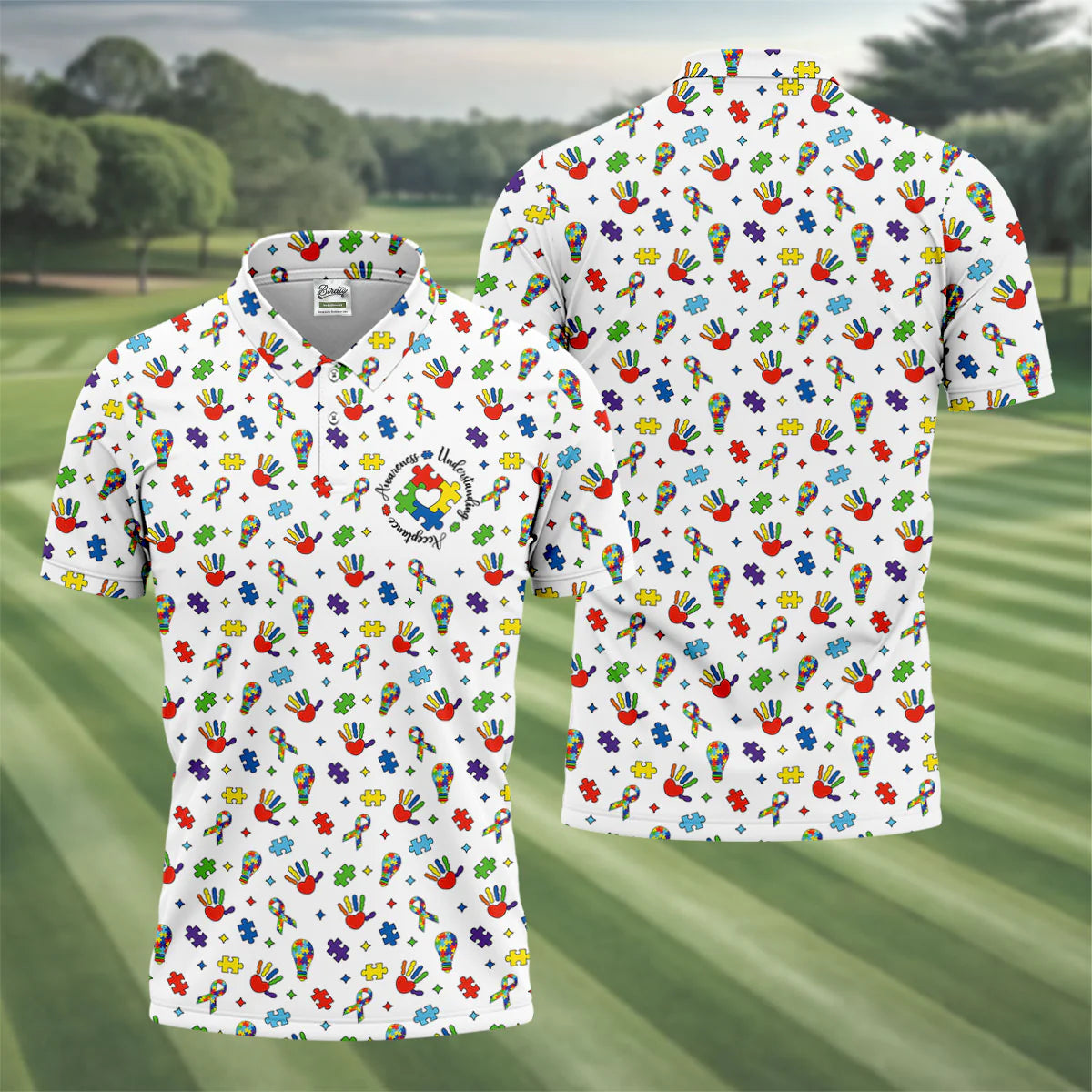 Awareness Understanding Acceptance Autism White Golf Shirt, Autism Awareness Colors Golf Shirts for Men