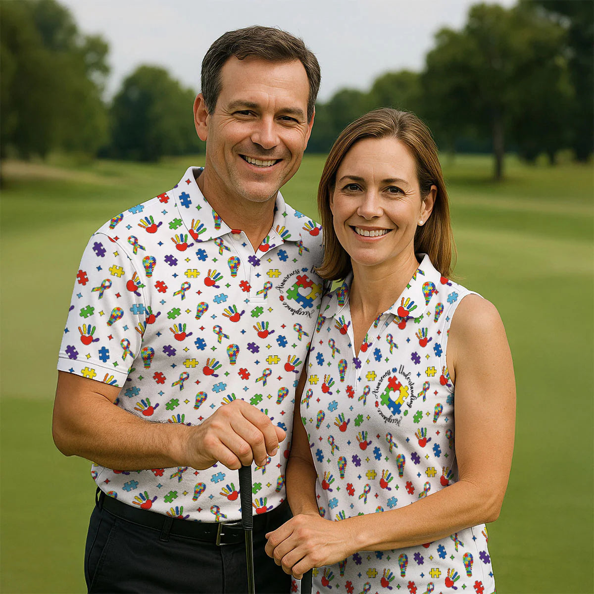 Awareness Understanding Acceptance Autism White Golf Shirt, Autism Awareness Colors Golf Shirts for Men